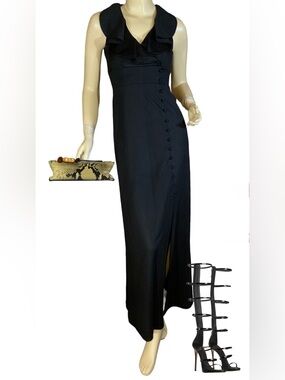 VINTAGE 1970'S BLACK RUFFLE ACCENT COCKTAIL MAXI DRESS (XS)